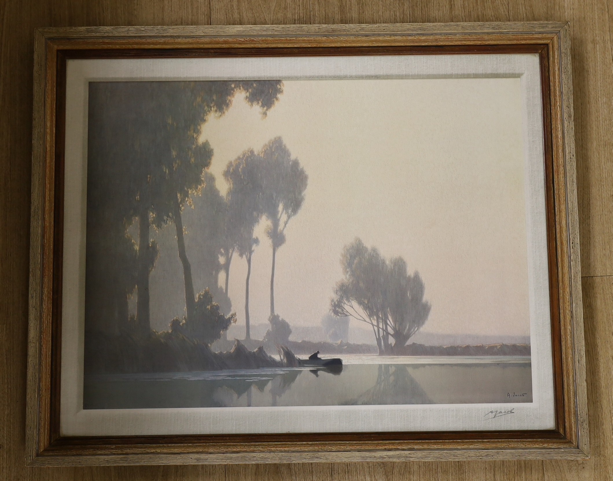 Alexandre Jacob, colour print, Lake scene, signed in the margin, published by Frost and Reed, 66 x 84cm